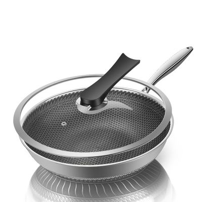 Wok de nid d'abeille en acier inoxydable non collant avec logo d'impression personnalisé et couvercle transparent