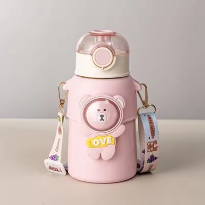 Activité en plein air dessin animé design 500 ml en acier inoxydable enfants thermos tasse avec couvercle de paille