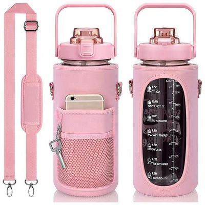 Bouteille d'eau en plastique avec manchon de stockage, marqueur de temps de paille de motivation, bouteille de 2000 ml