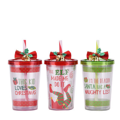 Cute design style cloche de Noël double couche plastique BAP GRATUIT tasse d'eau potable de paille
