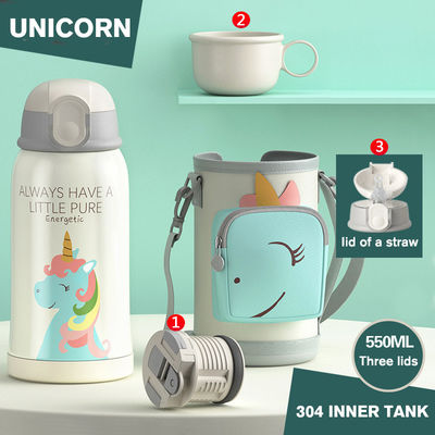 Thermos portable en acier inoxydable de 550 ml avec manche de tasse et dessin animé à la paille