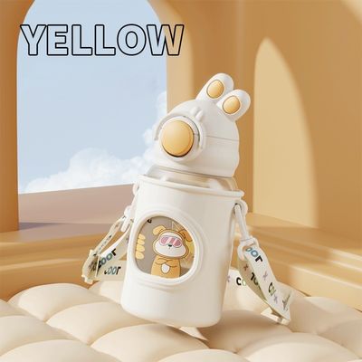 680ml Cartoon Straw Silicone Couverture en cuir Bouteille d'eau isolée sous vide Pour enfants Enfants