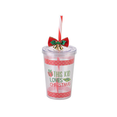 10 oz de plastique double couche BAP gratuit design de Noël paille tasse d'eau potable avec cloche 8.7x12.3cm