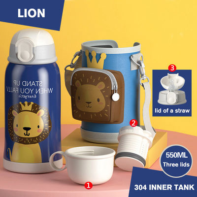 Bouteilles à vide Thermoses chaudes dessin animé en acier inoxydable pour enfants Bouteille d'eau à 3 couvercles