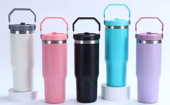 Bouteille d'eau de sport en acier inoxydable 30 oz isolée sous vide avec paille et poignée