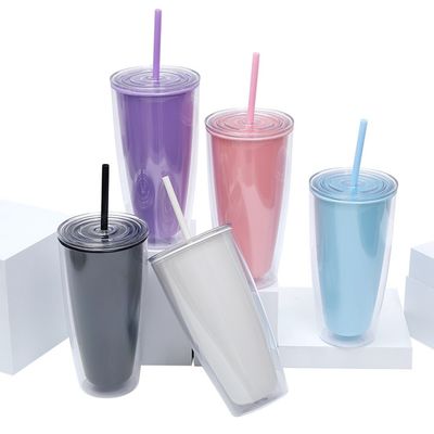24 oz tasses en plastique réutilisables à double paroi avec couvercle et paille