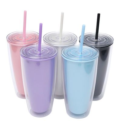 24 oz tasses en plastique réutilisables à double paroi avec couvercle et paille