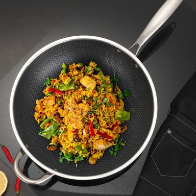 En acier inoxydable 304 à fond triple épaissi, revêtement antiadhésif, Wok de nid d'abeille pour le marché