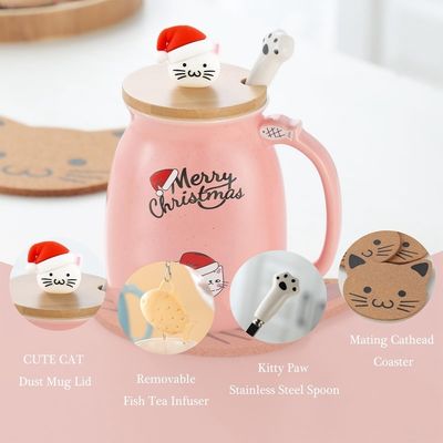 Cute Style 380ml Portable tasse de café en céramique avec conception 3D petit chat et couvercle en bambou