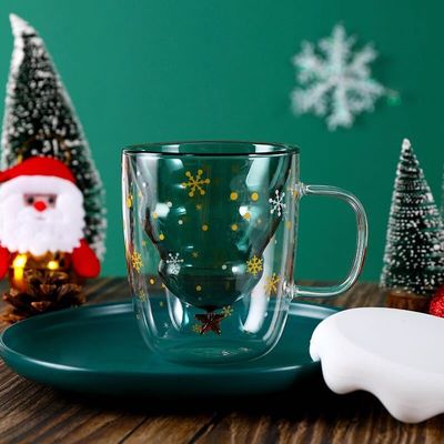 200 ml / 300 ml cadeau de Noël tasse en verre double avec couvercle tasse de café à haute borosilicate
