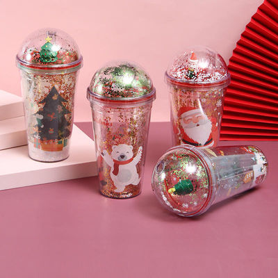 1 pièce 500ml Logo personnalisé Flash Double Coupe murale étanche Bouteille en plastique réutilisable de Noël avec couvercle et paille