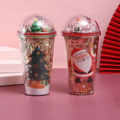 1 pièce 500ml Logo personnalisé Flash Double Coupe murale étanche Bouteille en plastique réutilisable de Noël avec couvercle et paille