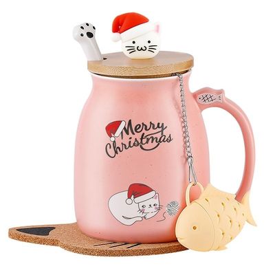 Matériel céramique 380ml Coupe de café en céramique mignonne avec conception 3D de chat et couvercle en bambou