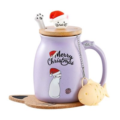 Matériel céramique 380ml Coupe de café en céramique mignonne avec conception 3D de chat et couvercle en bambou