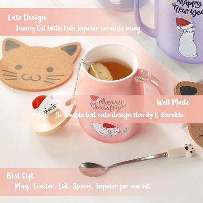 Matériel céramique 380ml Coupe de café en céramique mignonne avec conception 3D de chat et couvercle en bambou