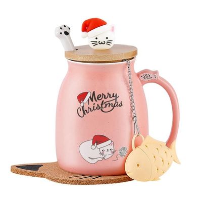 Taille personnalisée 380ml Taille de Noël rose mignonne Taille de café en céramique de chat avec cuillère en acier inoxydable