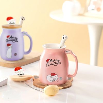 Taille personnalisée 380ml Taille de Noël rose mignonne Taille de café en céramique de chat avec cuillère en acier inoxydable