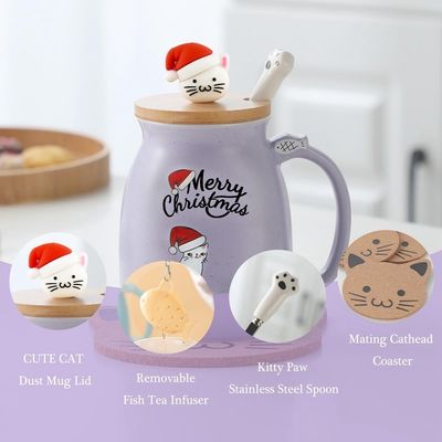 Taille personnalisée 380ml Taille de Noël rose mignonne Taille de café en céramique de chat avec cuillère en acier inoxydable