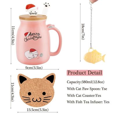 Taille personnalisée 380ml Taille de Noël rose mignonne Taille de café en céramique de chat avec cuillère en acier inoxydable
