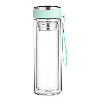 320 ml Bouteille d'eau en verre rose à double paroi avec couvercle et infuseur de thé à boire direct