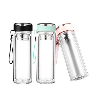 320 ml Bouteille d'eau en verre rose à double paroi avec couvercle et infuseur de thé à boire direct