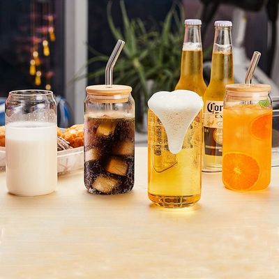 16 oz Bouteille en forme de verre de thé avec couvercle pour jus de lait de bière de soda