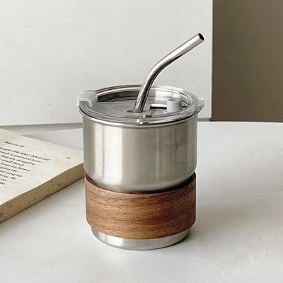Coupe de café à manche en bois à paroi unique en acier inoxydable 304 avec couvercle pour les voyages et les fêtes
