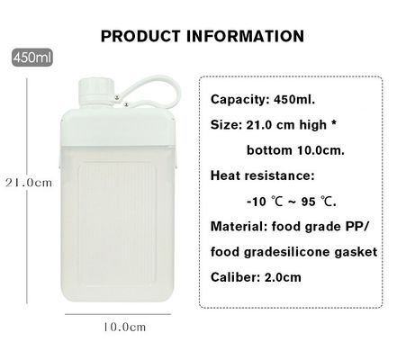 450 ml de bicarbonate de soude sans BPA Portable étanche en PP plastique carré Flasque de jus de sport avec couvercle et capuchon