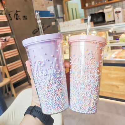 550 ml Coupe en plastique PC transparente, sans BPA, à double paroi, réutilisable, avec paille