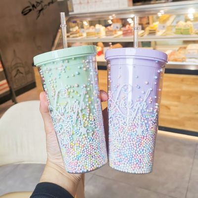 550 ml Coupe en plastique PC transparente, sans BPA, à double paroi, réutilisable, avec paille