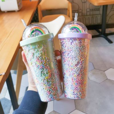 550 ml Coupe en plastique PC transparente, sans BPA, à double paroi, réutilisable, avec paille