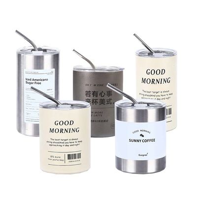 Item Logo personnalisé 320ml/600ml Double paroi en acier inoxydable mince étroite isolation tasses de café avec couvercle et paille