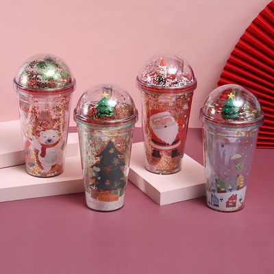 Gobelets de Noël en plastique 500 ml Glitter Double paroi Pour boire avec couvercle et paille