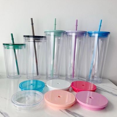 En extérieur, rose clair, vert, 16 oz, 24 oz, plastique isolé, double paroi, tasses en acrylique, avec couvercle et paille.