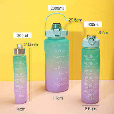 Bouteille de paille en plastique sur mesure de 3 en 1 de 2000 ml, 900 ml et 300 ml, avec horodatage pour gym et sport