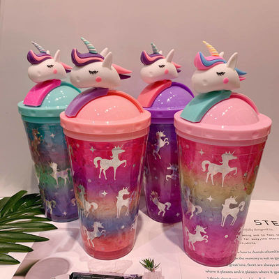 Adultes 430 ml Cute Unicorn Volant Glacé Bouteille d'eau en plastique avec paille et couvercle Unicorn