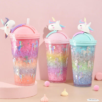 430 ml en plastique à double paroi boisson froide glace avec paille Adorable design unicorne