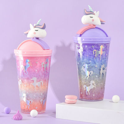 430 ml en plastique à double paroi boisson froide glace avec paille Adorable design unicorne