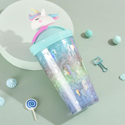 430 ml en plastique à double paroi boisson froide glace avec paille Adorable design unicorne