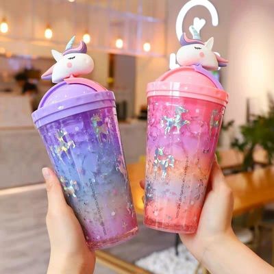 430 ml en plastique à double paroi boisson froide glace avec paille Adorable design unicorne