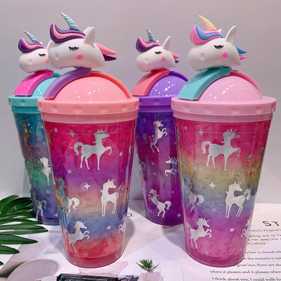 430 ml en plastique à double paroi boisson froide glace avec paille Adorable design unicorne
