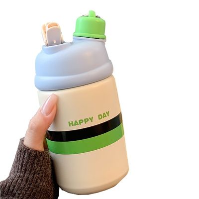 Bouteille d'eau en acier inoxydable portable de 500 ml, tasse de café isolée avec paille