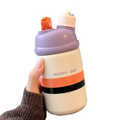 Bouteille d'eau en acier inoxydable portable de 500 ml, tasse de café isolée avec paille