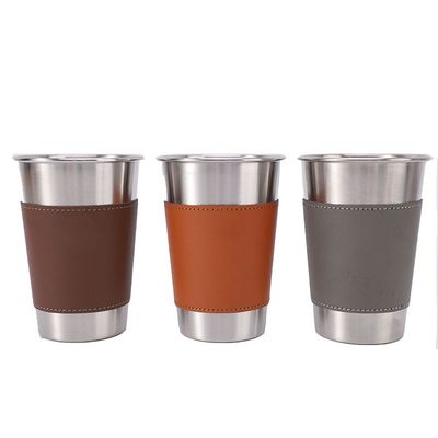 170ML 330ML 500ML tasse de bière en acier inoxydable tasse d'eau de camping portable avec étui en cuir